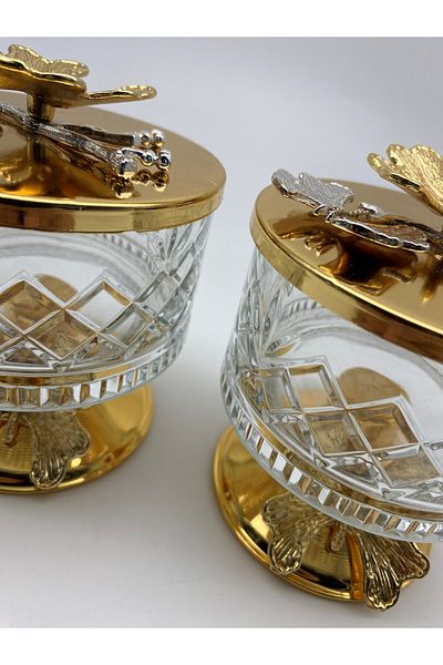 Fiyakalı Ürünler Atölyesi Gold Timeless Glass Magnolia 2-Piece Bowl - Butterfly Lid Ice Cream and Sugar Bowl