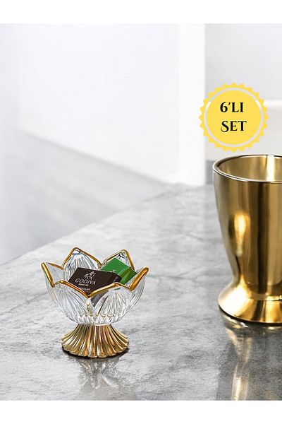FAIR HOME Lotus Flower Gold Detailed Metal Leg Glass Turkish Delight Bowl Dragee Set – 6 Pieces