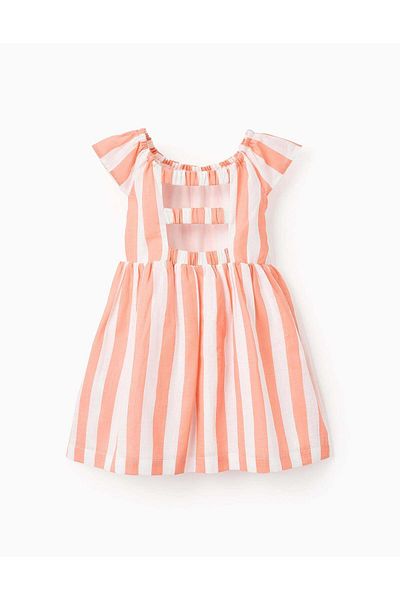 Ziddy Striped Cotton Dress for Baby Girls, White/Orange