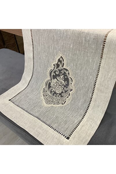 OYA home Gold Simli Keten & El Ajurlu Dantelli Runner- 45*150 Cm