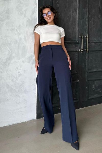 Madmext Navy Blue High Waist Fabric Trousers Mg2284