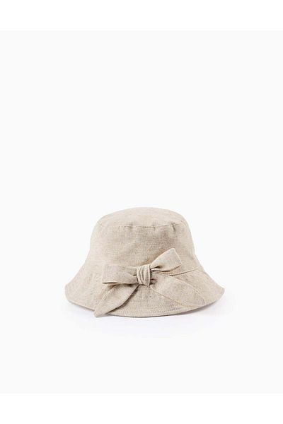 Ziddy Linen Blend Hat with Bow for Girls, Beige