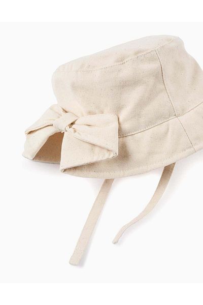 Ziddy Linen Imitation Hat with Bow for Baby Girls, Beige
