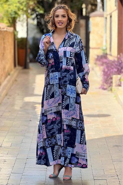 Nevin Kaya Moda Rochie cămașă din viscoză, 100% bumbac, cu model de șah, culoare bleumarin