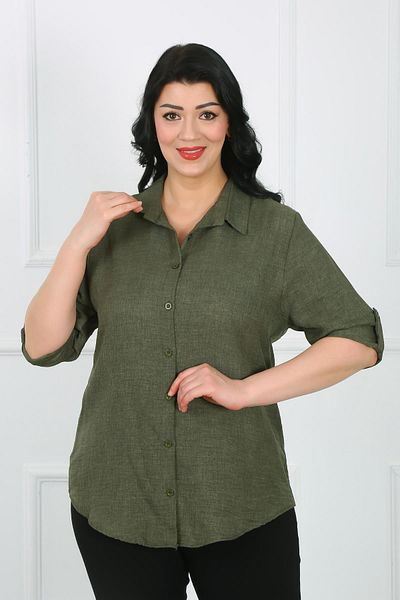 By Alba Collection Linen Size Soft Shirt - Dark Khaki Money Women
