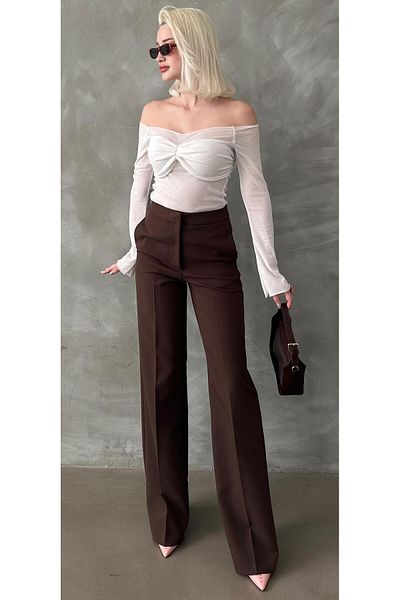Madmext Brown High Waist Fabric Pants Mg2284