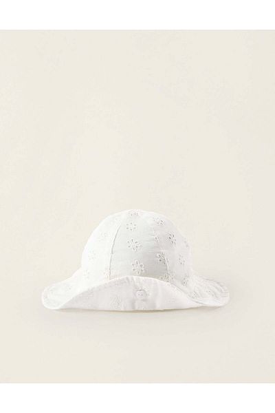 Ziddy Hat with Broderie Anglaise for Newborn Girls and Babies, White