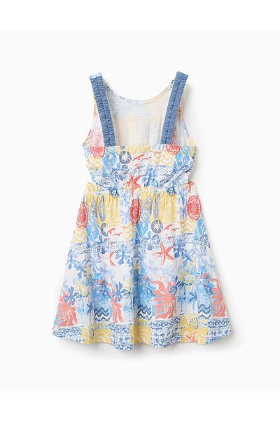 Ziddy Sleeveless Dress with Motif for Girls, Yellow/Blue/White