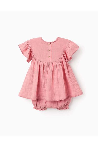 Ziddy Dress + Bloomers in Cotton Muslin for Baby Girls, Pink