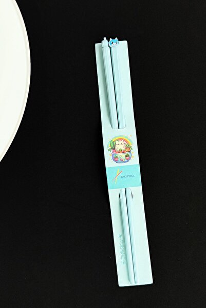 Patladı Gitti Kedi Figürlü Metal Chopstick Mavi
