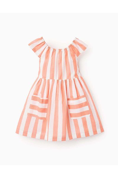 Ziddy Striped Cotton Dress for Baby Girls, White/Orange