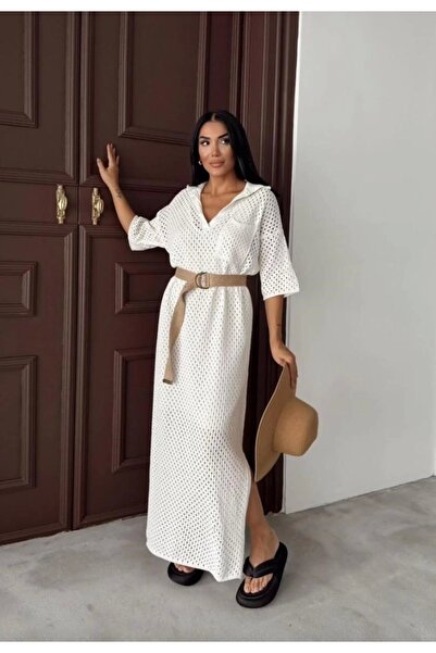 Selence Ajurlu örme astarlı triko elbise ekru