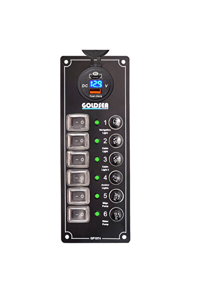 SomayStore Tekne Switch Panel 6'lı Dikey Voltmetreli Usb Type-c Soketli 12/24...