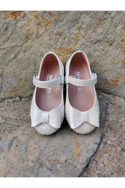 MİNİCEK Orthopedic Girl's Pearl Ballerinas - Daisy Embroidered - Velcro - Non-Slip Thermo Sole