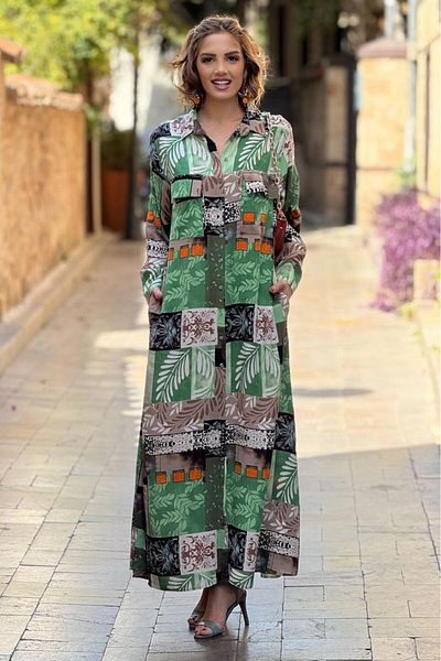 Nevin Kaya Moda Φόρεμα πουκάμισο με μοτίβο χακί χρώματος 100% βαμβακερό βισκόζη