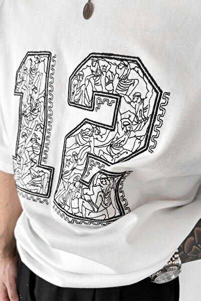 HAFKAGİYİM Λευκό Ethnic Κεντημένο Oversize T-Shirt