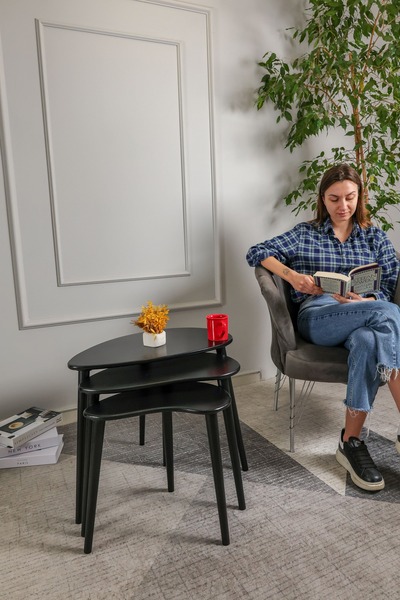 Trihome Doğal Ahşap Zigon Sehpa 3'lü Set, Modern Masif Yan Sehpa Yeni Nesil D...