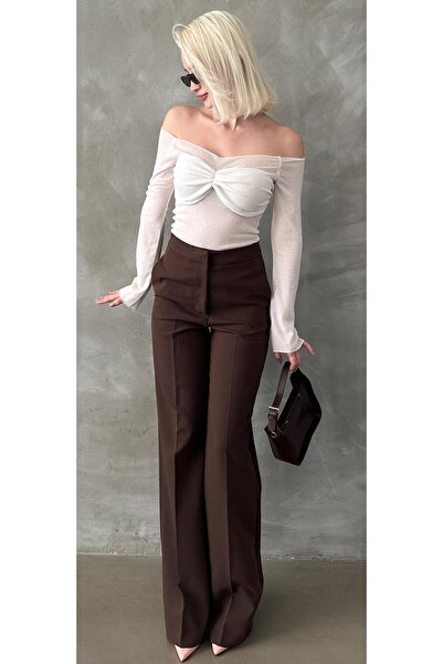 Madmext Brown High Waist Fabric Pants Mg2284