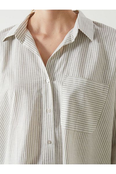 LC Waikiki Green Striped Oversize Linen Blended Women's Shirt