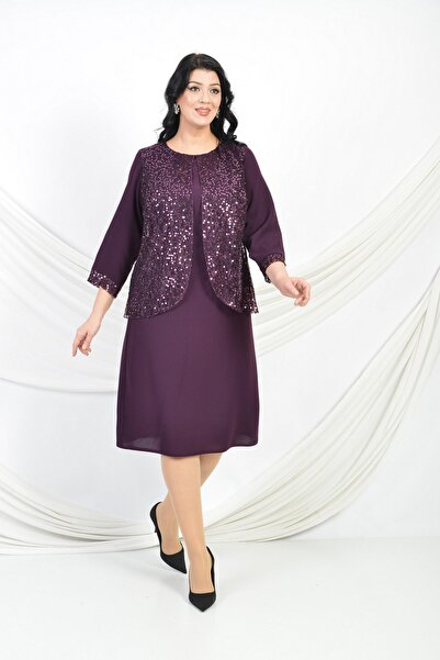 LİLAS XXL Plus Size Plum Colorful Sequined Short Evening Dress