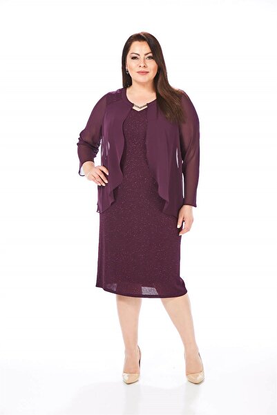 LİLAS XXL Büyük Beden Mürdüm Renkli Likralı Simli Abiye Elbise