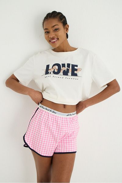 İPEKTENİM Gingham Waist Elastic Detailed Printed Shorts Pajama Set