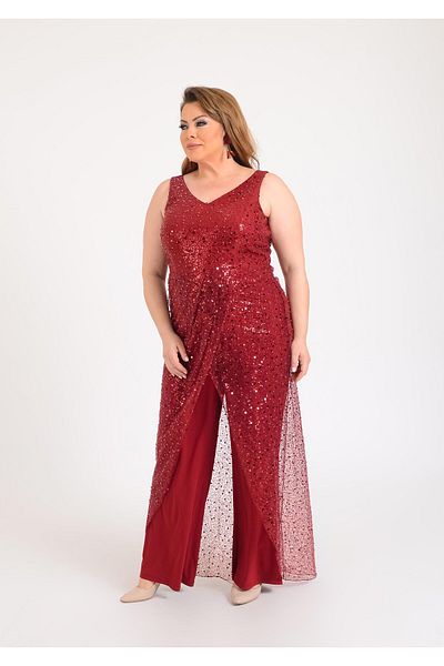 LİLAS XXL Salopetă rochie de seară cu paiete cu paiete de culoare burgundă