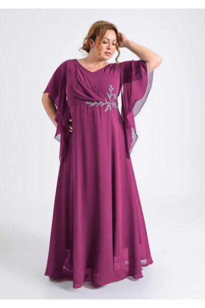 LİLAS XXL Büyük Beden Fuşya Renkli Yırtmaçlı Uzun Şifon Abiye Elbise