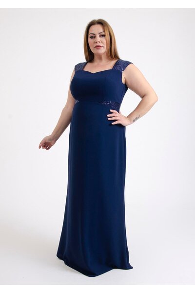 LİLAS XXL Large Size Navy Blue Colored Sequin Detailed Long Evening Dress