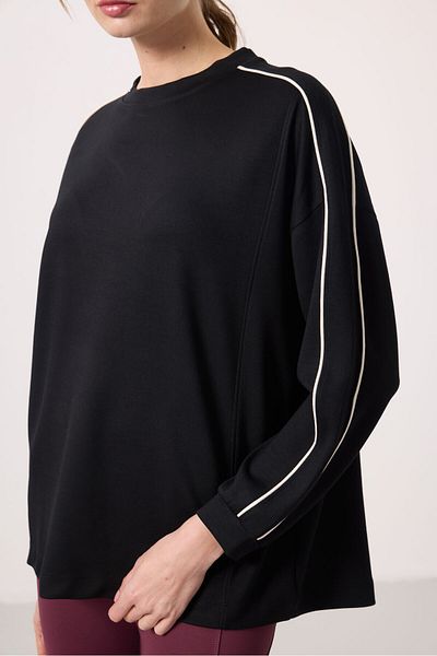 TOMMY LIFE Black Soft Textured O Neck Oversize Women's Tunic Sweatshirt - 97303