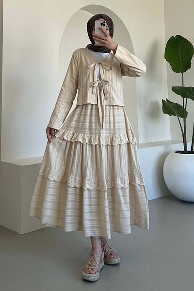 benguen Embroidery Tied Skirt Suit Cream 3012