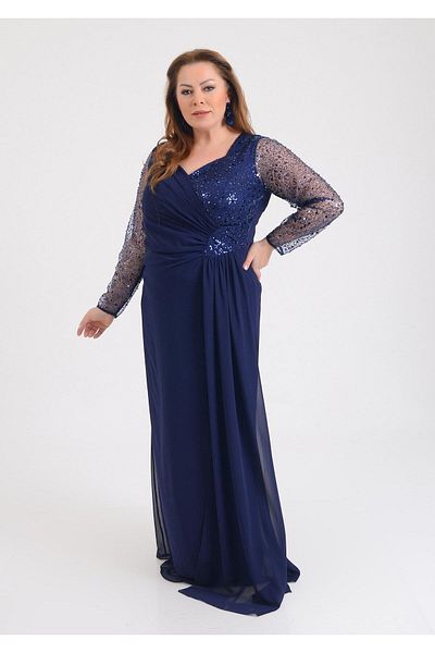 LİLAS XXL Plus Size Navy Blue Colored Chiffon Long Evening Dress