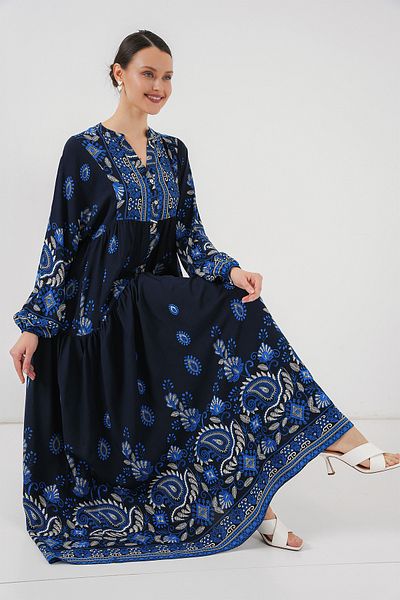 Bigdart 2423 فستان حجاب منقوش أصلي - أزرق داكن 1