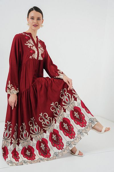 Bigdart 2423 Rochie Hijab Autentică cu Motiv - C. Roșu Claret