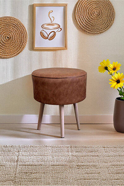 YAPKAR Gürgen Naturel Ahşap Ayak Kahverengi Nubuk Kumaş Puf