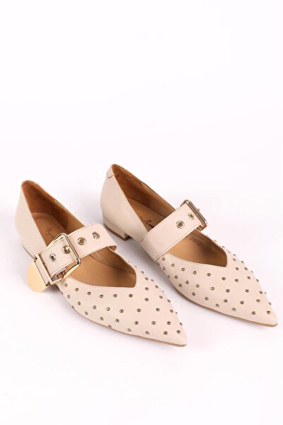 Hayati Arman Women's Genuine Leather Stone Detailed Top Strap Ballerinas Beige