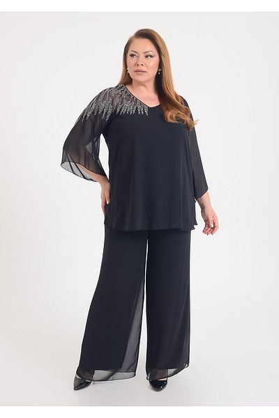 LİLAS XXL Bluză de rochie de seară de mărime mare din șifon negru cu decolteu în V