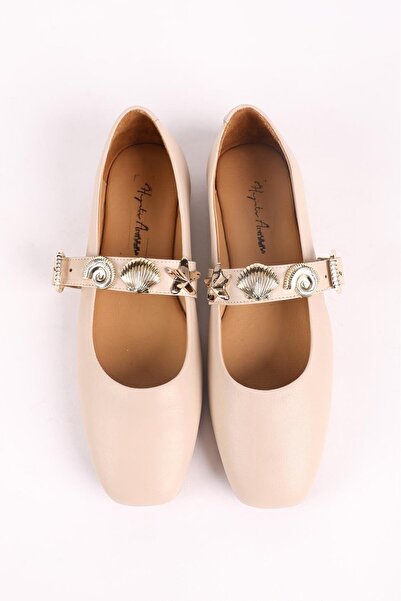 Hayati Arman Women's Genuine Leather Stone Detailed Top Strap Ballerinas Beige