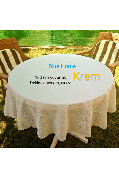 Blue Home Yuvarlak Dantel Görünümlü Pvc Muşamba Mutfak Masa Örtüsü Sıvı Geçir...
