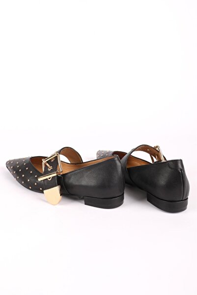 Hayati Arman Women's Genuine Leather Stone Detailed Top Strap Ballerinas Black