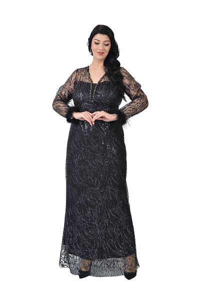LİLAS XXL Plus Size Griter Print Black Color Evening Dress