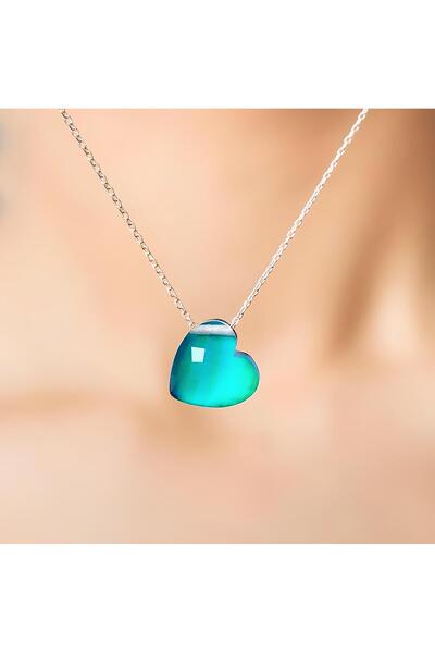 Janset S925 Ayar Hayalet His Taşı Kalpli Gümüş Kolye - Renk Değiştiren Kalpli Kolye