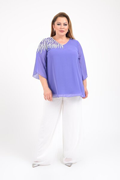 LİLAS XXL Büyük Beden Lila Renkli Şifon V Yaka Abiye Bluz