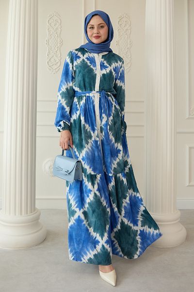 InStyle Rochie din viscoză albastră Saks marmorată cu puncte în față