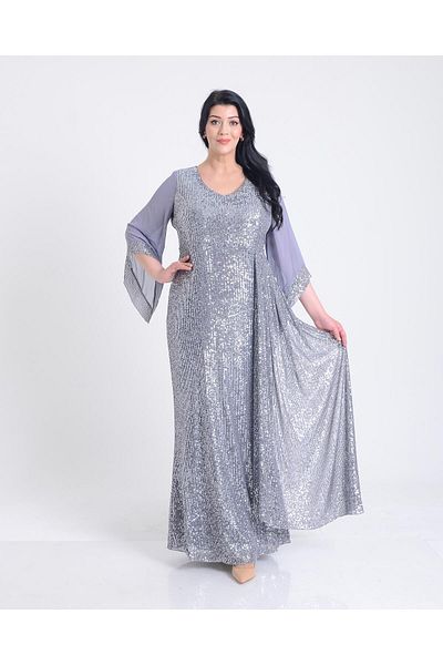 LİLAS XXL Plus Size Grey Color Sequined Sleeves Chiffon Long Evening Dress