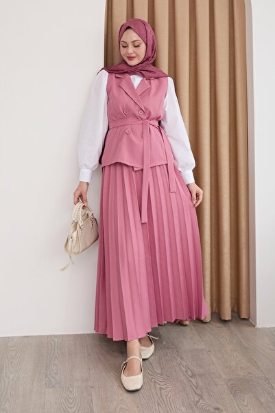 InStyle Double Breasted Collar Pleated Skirt Pink Suit