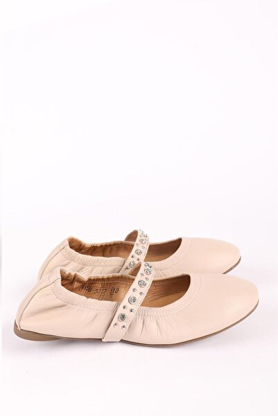 Hayati Arman Women's Genuine Leather Stone Detailed Foldable Ballerinas Beige