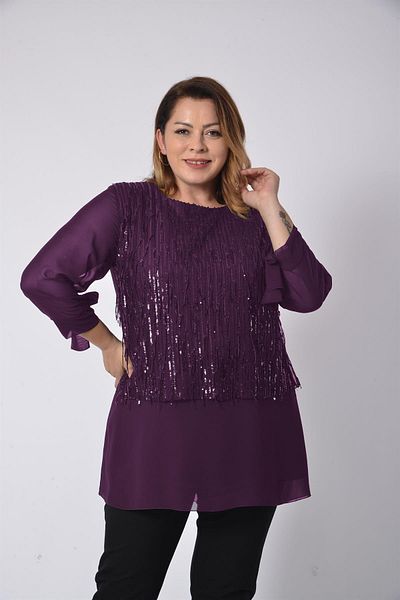 LİLAS XXL Plus Size Plum Colored Sequined Chiffon Blouse