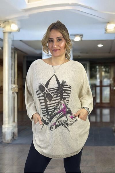 yagmurberen Τσάντα με μοτίβο καγιάκ γιακά τσέπη Οβάλ κοπής μεγάλου μεγέθους Italayn Mercerized μπλούζα πουλόβερ