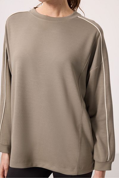 TOMMY LIFE Dark Beige Soft Textured O Neck Oversize Women's Tunic Sweatshirt - 97303